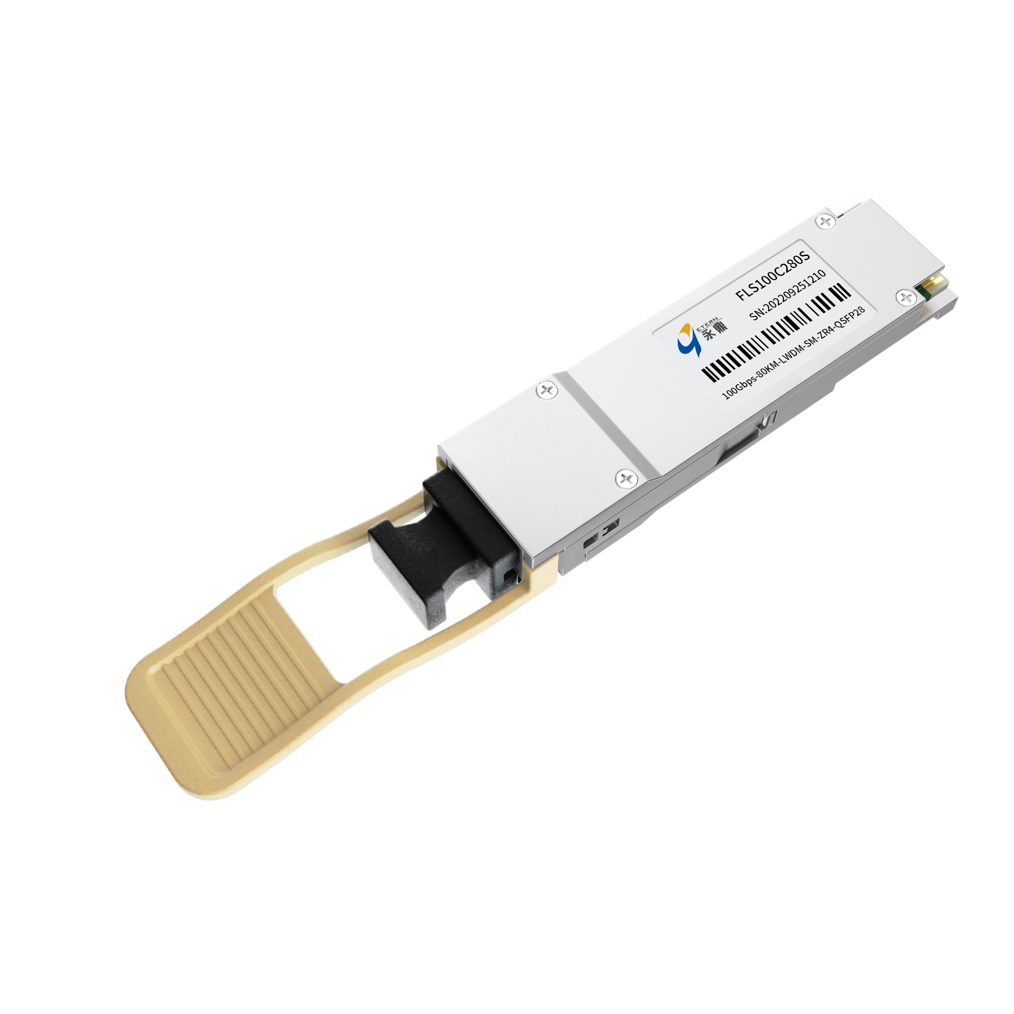 Technical specifications chart of ETERN 100G QSFP28 ZR4 FLS100C280S transceiver showing 80km reach and 0 to 70C operating temperature