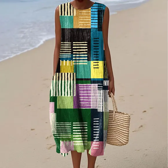 Women's Fashion Color Block Line Art Print Sleeveless Cotton Pocket Wrap Dress