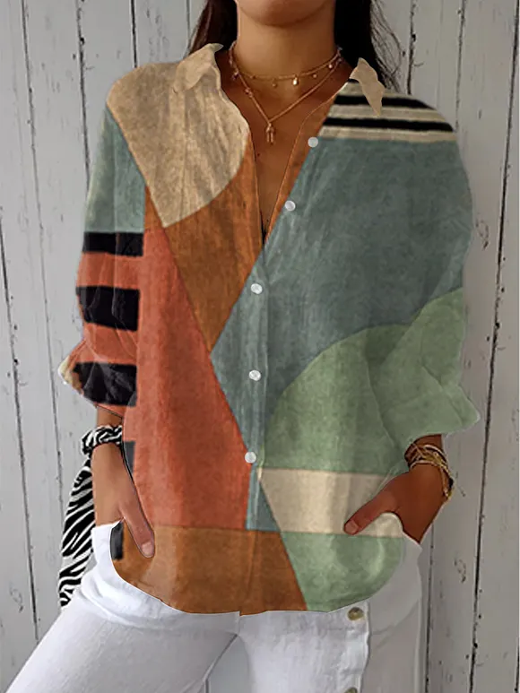 Women's  Vintage Abstract Geometric Art Print  Casual Linen V-neck Shirt