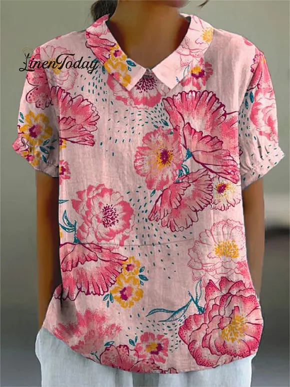 Women's  Flower Print Casual Cotton And Linen Shirt