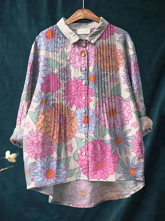 Women's Simple Pink Floral Pattern Art Print Casual Cotton And Linen Ruffle Shirt