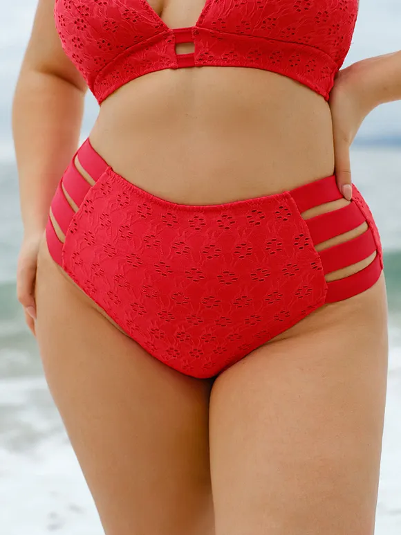 Red Textured Plus Size Bikini Bottom