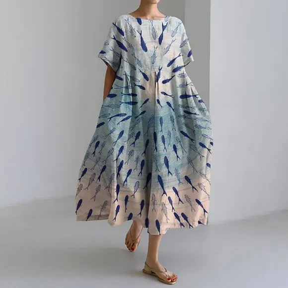 Fall In Love With Fish Art Print Loose Short Sleeved Midi Dress