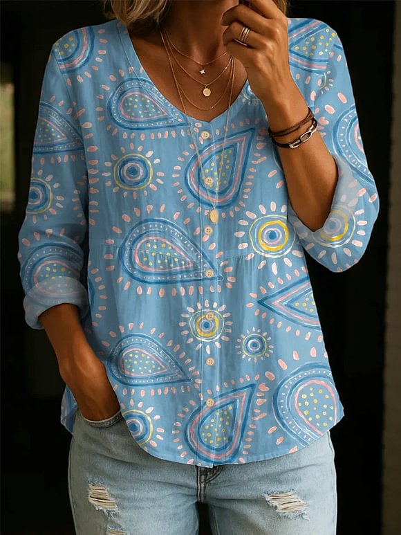 Women's Vintage Pattern Art Print Casual Cotton Shirt