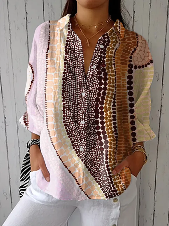 Women's Vintage Color Block Dot Art Print Casual Linen V-neck Shirt
