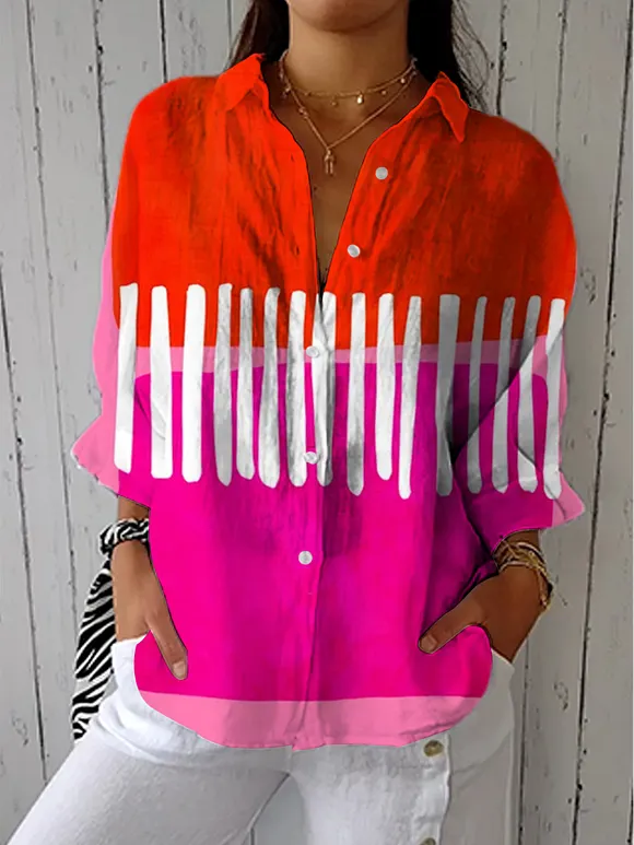 Women's Abstract Pattern Art Print Casual Cotton Linen V-neck Shirt