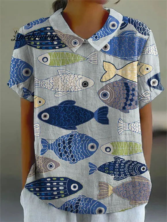Women's Vintage Lovely Fish Art Print Casual Cotton And Linen Shirt