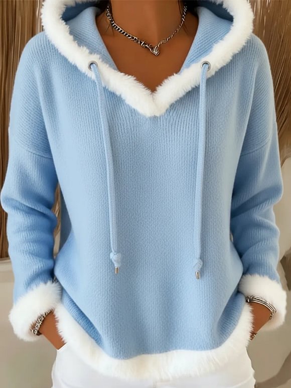 Casual Christmas Faux Rabbit Fur Trim Hooded Knit Top