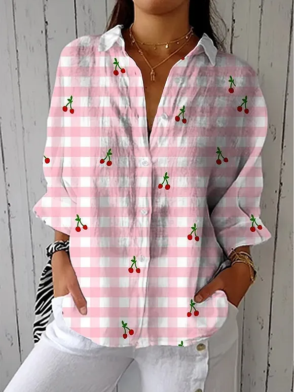 Summer Cherry and Checkered Pattern Printed Dress