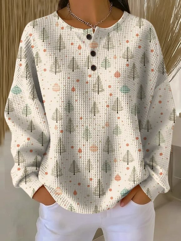 Women's Art Christmas tree Print Casual Cotton Shirt