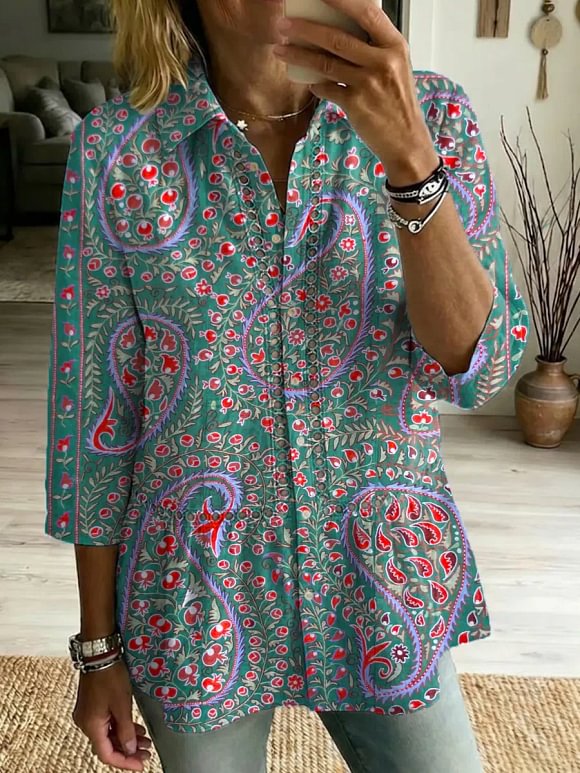 Women's Retro Floral Art Print Casual Lapel Cotton Shirt