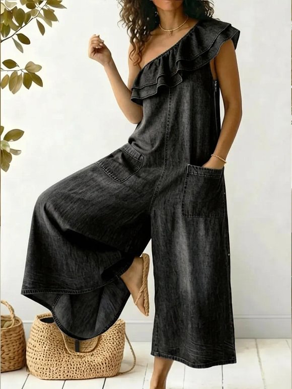 Women's Casual Off-the-shoulder Ruffled Denim Cotton Jumpsuit