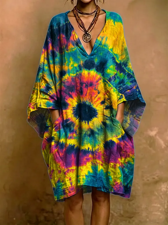 Colorful Circular Decorative Pattern Woman's Short Sleeve Cotton And Linen Dress