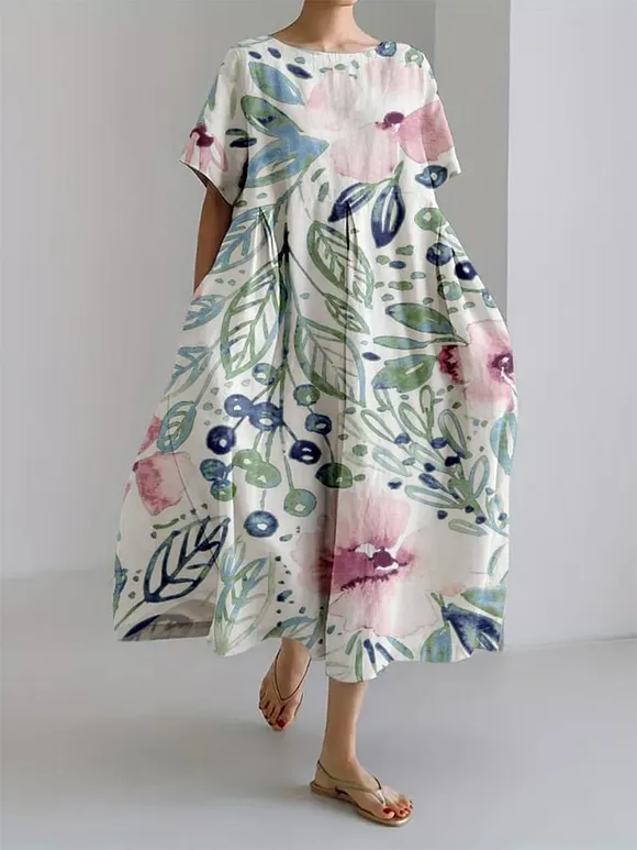Vintage Floral Art Print Casual Loose Dress