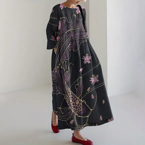 Japanese Art Fish Print Loose Midi Dress