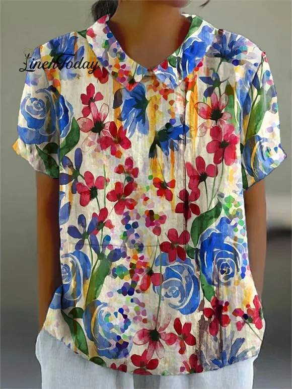 Colorful Watercolor Floral Field Printed Women's Casual Cotton And Linen Shirt