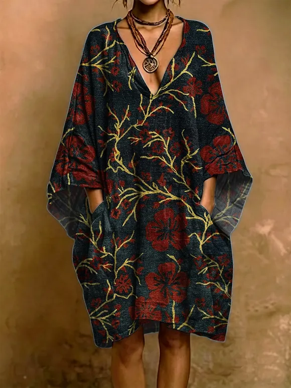 Vintage Floral Decorative Patterns V Collar Cotton Linen Dress