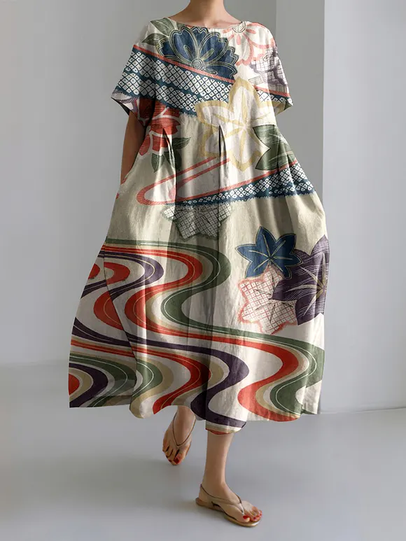 Japanese Art Print Casual Midi Dress