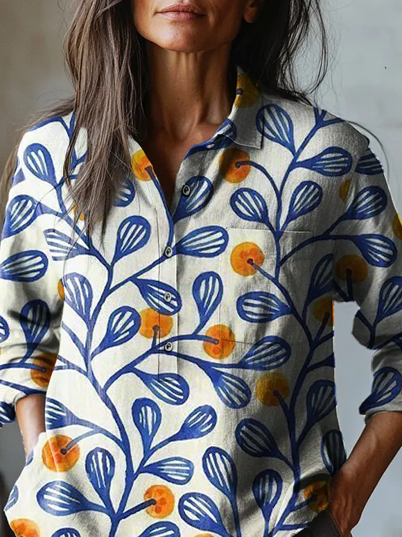 Spring Orange Tree Pattern Printed Women's Casual Cotton And Linen Shirt