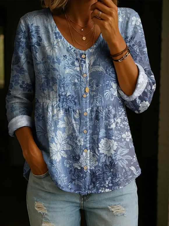 Women's Floral Pattern Art Print Casual Cotton Shirt