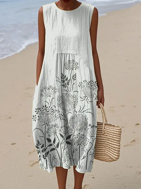 Women's Vintage Lovely Floral Pattern Art Print Sleeveless Cotton Pocket Wrap Dress