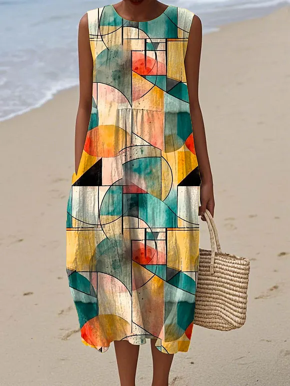 Women's Abstract Geometric Pattern Art Print Sleeveless Cotton Pocket Wrap Dress