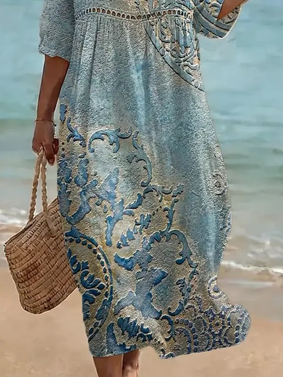 Women's Retro Floral Pattern Art Print Casual Stylish Cotton Linen Dress