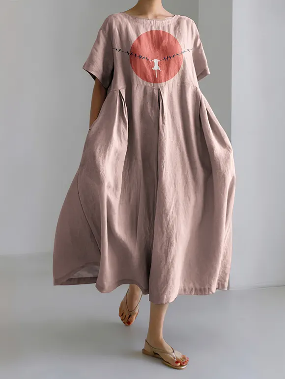 Abstract Creative Dangling Cute Cat Painting Art Cozy Linen Blend Dress