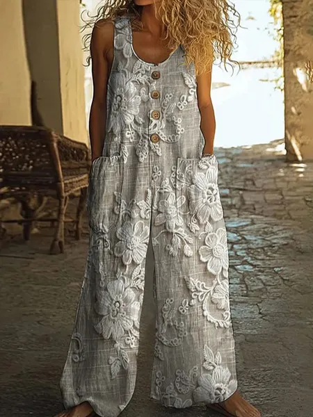 Women's Vintage Flower Print Casual Cotton And Linen Loose Straight-leg Wide-leg Pants