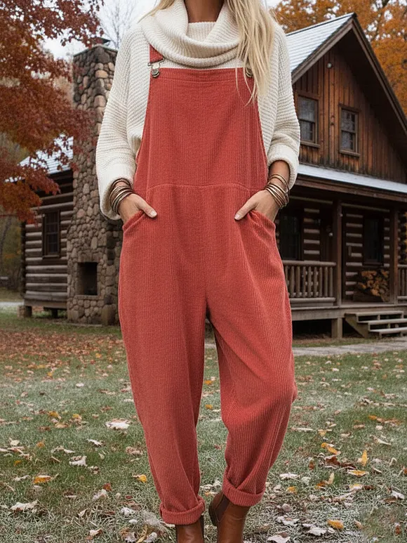 Women's Casual Solid Color Loose Corduroy Overalls Jumpsuit