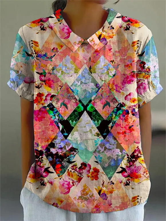 Women's Vintage Geometric Floral Art Print Casual Cotton And Linen Shirt