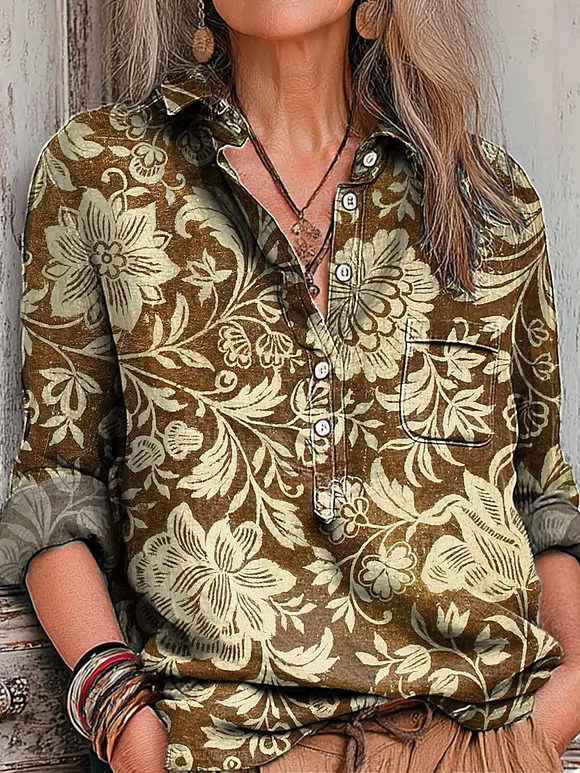 Women's Vintage Ethnic Geometric Floral Painting Art Print Casual Cotton And Linen Shirt