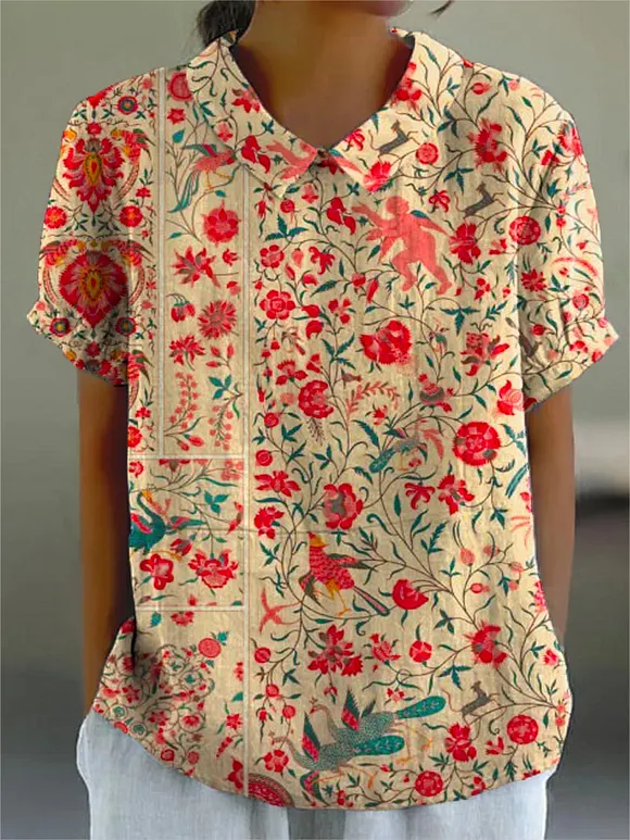 Women's Vintage Lovely Floral Art Print Casual Cotton And Linen Shirt