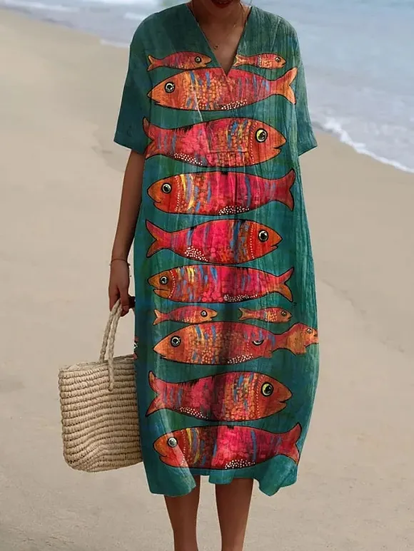 Women's Fish Art Cartoon Pattern Art Print Flowy Dress