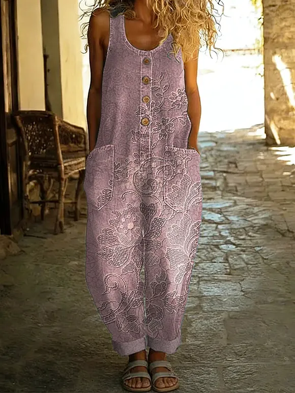 Women's Lace Print Casual Cotton Vest Jumpsuit