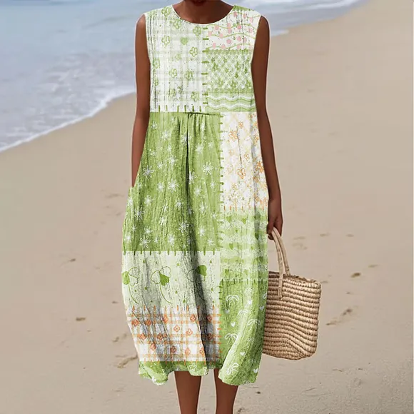 Women's Colorful Abstract Floral Mosaic Art Print Sleeveless Cotton Pocket Wrap Dress