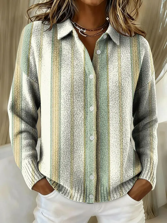 Simple Vintage Vertical Stripe Decorative Pattern Casual Shirt Collar Long Sleeve Sweater