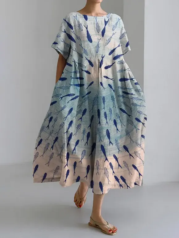 Fall In Love With Fish Art Print Loose Short Sleeved Midi Dress