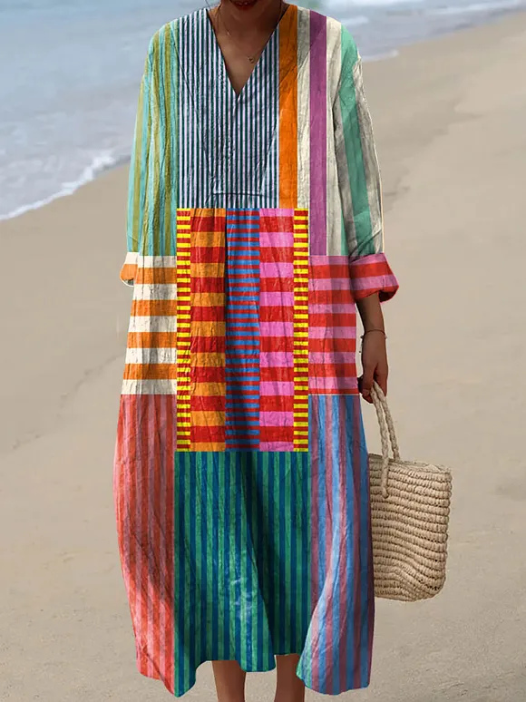 Women's Cotton Dress with Retro Geometric Art Design
