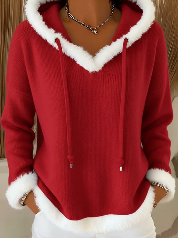 Casual Christmas Faux Rabbit Fur Trim Hooded Knit Top