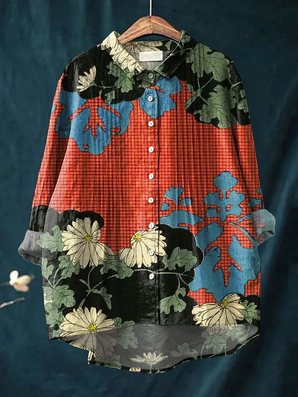Women's Vintage Floral Art Print Casual Cotton And Linen Ruffle Shirt