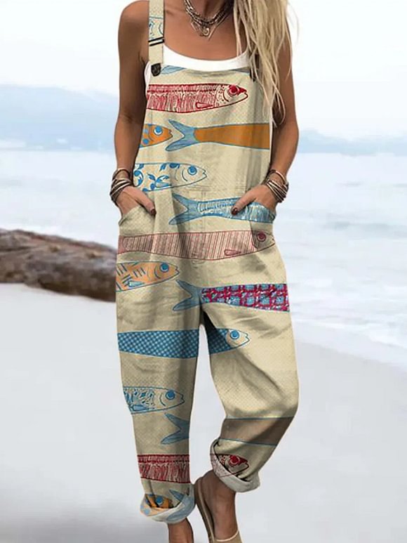 Women's Vintage Fish  Art Print Casual 100% Cotton Wide Leg Jumpsuit