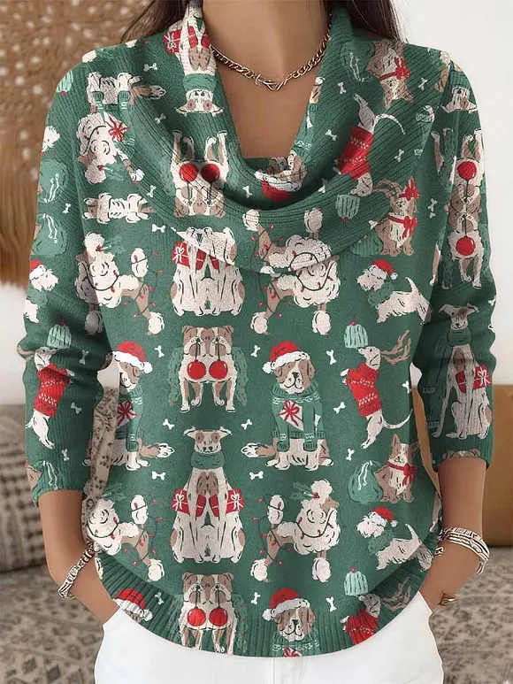Women's Retro Christmas Dog Pattern Long Sleeve Sweater