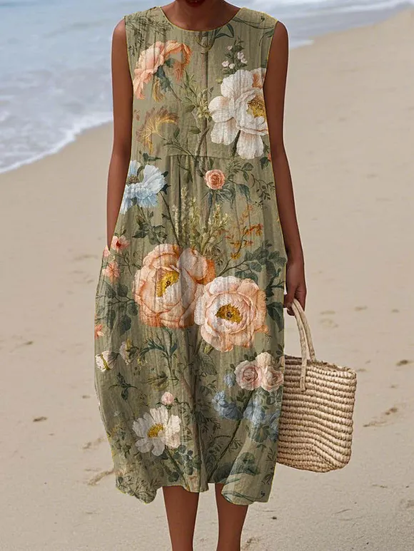 Women's Vintage Floral Pattern Art Print Sleeveless Cotton Pocket Wrap Dress