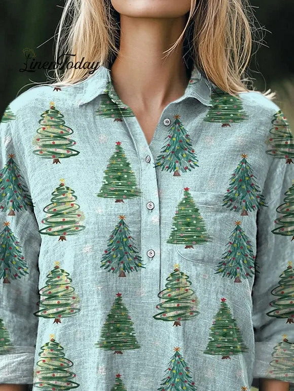 Hand Drawing Style Christmas Tree Pattern Printed Women's Casual Cotton And Linen Shirt