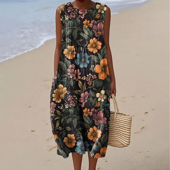 Women's Vintage Flower Art Print Sleeveless Cotton Pocket Wrap Dress