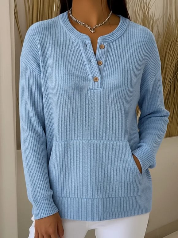 Casual Henley Collar Button Pocket Knit Pullover