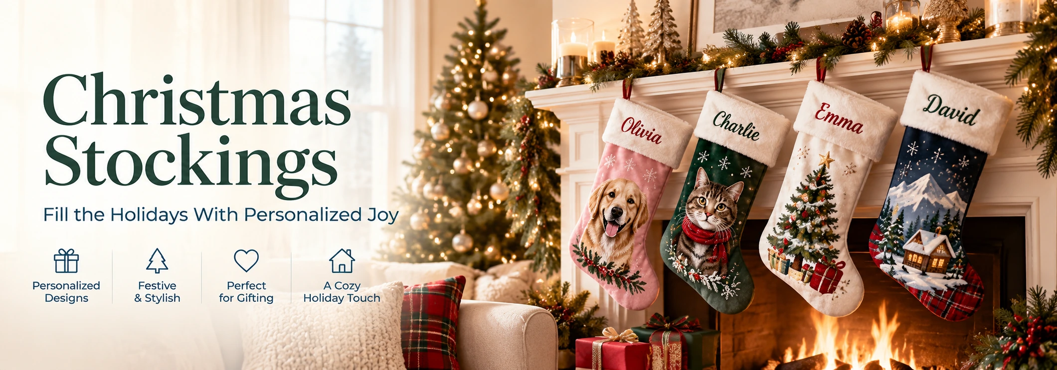 Personalized Christmas tree skirts banner with a decorated tree, custom tree skirt and holiday gifts