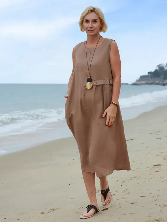 100% Linen Women's Sleeveless Linen Pocket Dress