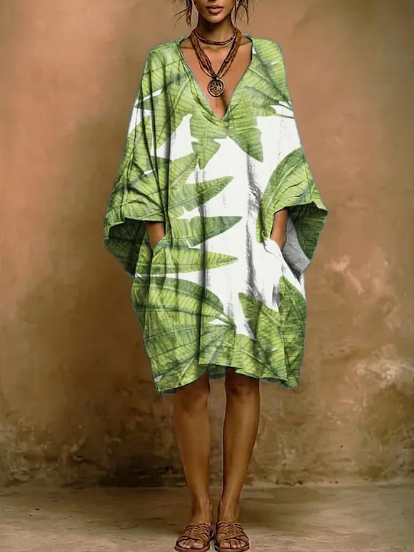 Bohemian Resort-style Botanical Print V-neck Loose-fit Cotton-linen Dress
